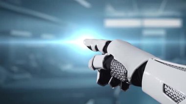 Bulanık laboratuvar arka planına sahip DNA hologramına robotik el gösterimi ve dokunuşlarını kapat. Tıbbi verilere erişmek ve onları teşhis semptomlarına bağlamak için robot el DNA ikonuna tıklıyor. Sağlıklı..
