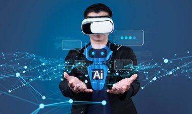 Yapay zeka sanal asistanı Chatbot ile yapay zeka konsepti ile insan etkileşimi, yapay zeka mühendisliği, LLM yapay zeka derin öğrenimi iş desteği için üretken yapay zeka kullanımı. FaaS