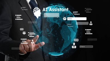 Yapay zeka sanal asistanı Chatbot ile yapay zeka konsepti ile insan etkileşimi, yapay zeka mühendisliği, LLM yapay zeka derin öğrenimi iş desteği için üretken yapay zeka kullanımı. FaaS