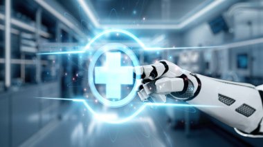 Robotik el işaretini kapat ve bulanık laboratuvar geçmişine sahip çapraz holograma dokun. Tıbbi verilere erişmek ve onları teşhis etmek için robot el tıklaması. Sağlıklı..