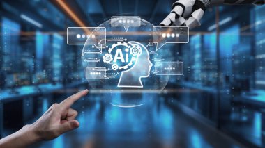 Bu görüntü, yapay zeka alanındaki insan ve robot elementler arasındaki yüksek teknolojili canlı bir atmosferi betimleyen etkileşimi gösteriyor. Auvana