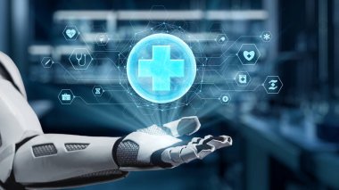 Tıbbi haç hologramı havada süzülürken robot elinin avuç içini kapat. Tıbbi verilere erişip, semptomlara bağlanırken tıbbi çapraz holografiği gösteren bir el. Sağlıklı..