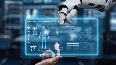 Robot ve insan eliyle insan anatomisi ikonunu işaret ediyor. Robot el ve insanın birlikte çalışırken röntgen hologramıyla bulanık labaratuvarı işaret etmesine yakın çekim. Sağlıklı..