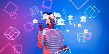 Sanal gerçeklik teknolojisiyle ilgilenen bir kişi, fütüristik bir manzarada yapay zeka etiği, dijital hukuk ve yönetim konularındaki temel tartışmaları vurguluyor. XDMCP