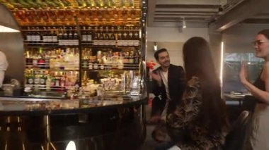 Lüks bir barda VIP müşterisi olan zeki bir barmen sıcak bir gece kulübünün ışıklandırma atmosferinde canlı bir sohbet için tezgahta yeni ve güzel bir konuğu selamlıyor. Vinosity.