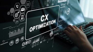 Modern Çalışma Alanındaki Grafikler ve Grafiklerle Müşteri Deneyimi İyimserleştirme Stratejileri Gösteren Dijital Arayüz. Asemptotik akıllı veri analitiği.