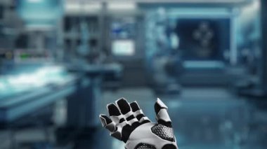 Tıbbi haç hologramı havada süzülürken robot elinin avuç içini kapat. Tıbbi verilere erişip, semptomlara bağlanırken tıbbi çapraz holografiği gösteren bir el. Sağlıklı..