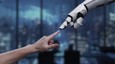 Fütüristik bir robot el dijital veri gösterimiyle etkileşime girer, analitik ve grafikleri, yenilik ve ileri teknolojiyi somutlaştıran şık ofis ortamında sergiler. Auvana