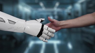 Robot elini kapat ve insan anatomisi hologramıyla el sıkış. Yapay zeka ve insanın birlikte çalışması ya da bulanık laboratuarlı x ışını hologramıyla anlaşma yapması. Sağlıklı..