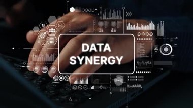 Eller Klavyede Veri Sinerjisi Konsepti Grafik İllüstrasyon Dijital Teknoloji ve Analitiği ile Yazıyor. Asemptotik akıllı veri analitiği.
