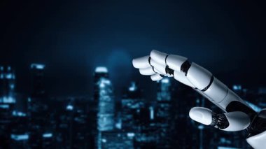 Gelecekçi robot yapay zeka yapay zeka yapay zekayı aydınlatıyor ve makine öğrenme kavramını geliştiriyor. İnsan hayatının geleceği için küresel robot biyonik bilim araştırması. 3B görüntüleme grafiği.