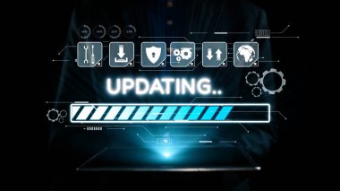 Gelişmekte olan bir teknolojik güncellemeyi, çeşitli dijital fonksiyonları ve küresel bağlantıyı temsil eden arayüz simgelerini gösteren dinamik ve dinamik grafik. Dörtgen