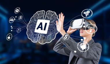 Bir kadın, beyin grafikleri ve yenilik ve teknolojiyi temsil eden çeşitli dijital ikonlar yoluyla yapay zekanın entegrasyonunu gösteren sanal gerçeklik kulaklığıyla meşgul olur. XDMCP