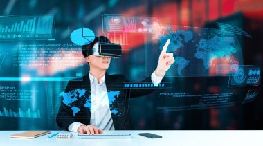 Akıllı proje yöneticisi iş verilerini arıyor ve tutuyor ve finansal tabloları kontrol ediyor. Akıllı iş adamı, yapay zeka planlama planı yaparak artırılmış gerçeklik gözlüğü takıyor. Yaratıcılık.