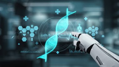 Bulanık laboratuvar arka planına sahip DNA hologramına robotik el gösterimi ve dokunuşlarını kapat. Tıbbi verilere erişmek ve onları teşhis semptomlarına bağlamak için robot el DNA ikonuna tıklıyor. Sağlıklı..