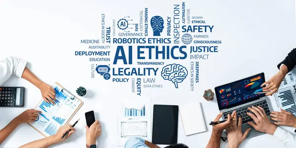 Bu resim, teknoloji geliştirme ve uygulamada güvenlik, şeffaflık ve adaletin önemini vurgulayan yapay zeka etiği üzerinde çalışan bir ekibi gösteriyor. Dostluk