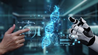 Robot ve insan elini uzatıyor ve yüzen DNA hologramıyla işaret ediyor. Bulanık laboratuvar geçmişini işaret ederken robot el ve insanın birlikte çalışmasını kapat. Sağlıklı..