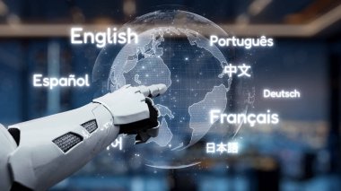 Robotik bir kol, küresel iletişim ve kültürel etkileşimdeki teknolojik gelişmeleri sembolize ederek farklı dilleri gösteren parıldayan bir dünya haritasına işaret ediyor. Auvana