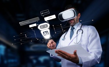 Bir tıp uzmanı sanal gerçeklik arayüzü ve yapay zeka sohbet robotu ile hastaların bakımına odaklanmış ileri teknoloji tıbbi çözümleri araştırıyor. PHMT