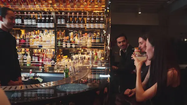 Barda oturmuş, Margarita kokteylinin tadını çıkartan ekşi bir içkinin tadını çıkaran bir çiftle sohbet ederken, kadınlar lüks tezgahın önünde, canlı bir gece kulübünde arkadaşlarını bekliyorlar. Vinosity.