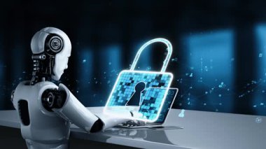 AI robot huminoid uses cloud computing technology to store data on online server . Futuristic concept of cloud information storage analyzed by machine learning process . 3D rendering .