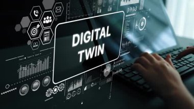 Eller, laptop ekranındaki Dijital İkiz Teknoloji Konsepti ile Veri Görüntüleme ve Bilgi Grafikleri ile etkileşimde. Asemptotik akıllı veri analitiği.