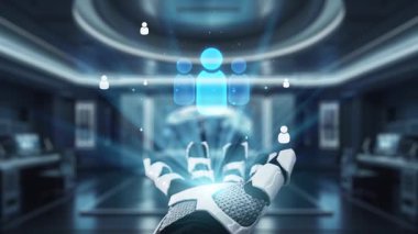 Gelecekçi bir robot el, modern ortamlardaki iletişim ve bağlantı üzerindeki teknolojiyi sembolize ederek, ışık saçan holografik insan figürlerine doğru uzanır. Auvana