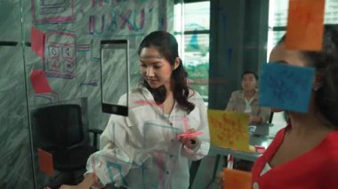 Akıllı iş adamlarından oluşan bir grup, yatırımcı uzmanına proje sunar. Profesyonel proje yöneticisi başlangıç projesini açıklamak için yapışkan notlar kullanır, uzman yatırımcıya beyin fırtınası fikirlerini paylaşır. Yönlendirici.