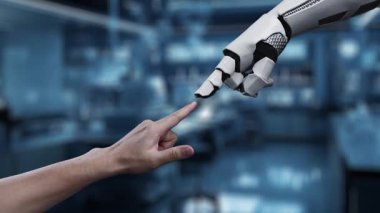 Robot ve insan elini uzatıyor ve parmağıyla beyin simgesini havada yüzdürüyor. Laboratuvar geçmişi bulanıklaşırken robot el ve insanın birlikte çalışmasını engelle. Sağlıklı..