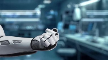 Robotik eli kapat, avuç içini aç ve DNA hologramı yüzsün. Tıbbi verilere erişip belirtilere bağlanırken DNA holografiğini gösteren bir el. Genetik konsept. Sağlıklı..