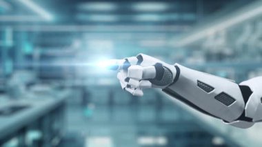Bulanık laboratuvar arka planına sahip DNA hologramına robotik el gösterimi ve dokunuşlarını kapat. Tıbbi verilere erişmek ve onları teşhis semptomlarına bağlamak için robot el DNA ikonuna tıklıyor. Sağlıklı..