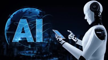 Robot hominoidler, 4. Sanayi Devrimi için yapay zeka ve makine öğrenme süreci kavramında cep telefonu veya tablet kullanırlar. 3B görüntüleme.