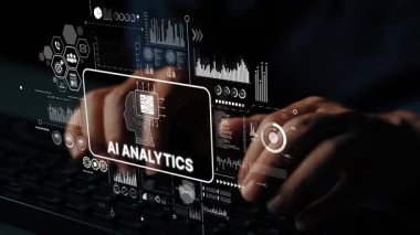 Eller Klavyede Yapay Zeka Analitik Görselleştirme ve Karanlık Çevredeki Grafiksel Elementler ile Yazıyor. Asemptotik akıllı veri analitiği.