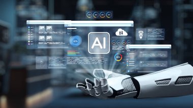 Fütürist bir robot el, modern çalışma alanlarına teknolojinin entegrasyonunu gösteren yapay zeka ve veri analizlerini gösteren ileri dijital ekranlarla etkileşime girer. Auvana