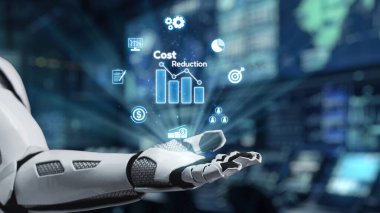 Robot bir el, teknolojik gelişmeyi vurgulayarak, lüks ve modern ofis ortamında maliyet azaltma ve iş verimliliği odaklı dijital ölçümler sergiliyor. Auvana