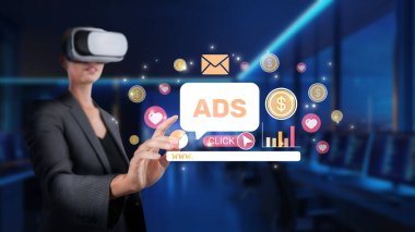 Online reklamları gösteren yenilikçi bir sanal gerçeklik sahnesi keşfedin, kullanıcı etkileşimini ve dijital pazarlama çerçevesi içindeki bağlantıyı gösterin. XDMCP