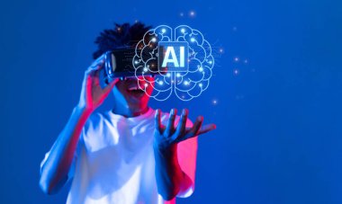 Sanal gerçeklik teknolojisini kullanarak yapay zeka ile etkileşime giren, dijital yenilik ve bağlantının özünü yakalayan genç bir insanın canlı bir tasviri. XDMCP