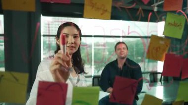 Genç kendine güvenen iş kadını projeyi uzman yatırımcıya sundu. Profesyonel proje yöneticisi başlangıç projesini açıklamak için yapışkan notlar kullanır, beyin fırtınası fikirlerini yatırımcıya paylaşır. Yönlendirici.