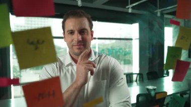 Akıllı iş adamı cam tahtanın önünde bir proje başlatmayı düşünüyor. Gülümseyen erkek proje yöneticisi yaratıcılık pazarlama stratejisini gösteren renkli yapışkan notlara bakıyor. Yönlendirici.