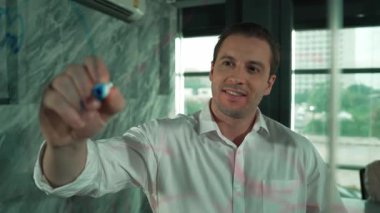 Akıllı lider iş adamı cam tahtanın önünde projeyle ilgili yazı yazıyor. Gülümseyen erkek proje yöneticisi fikir paylaşımı, yapışkan notlar üzerine plan yaratıcılık pazarlama stratejisini gösteriyor. Yönlendirici.