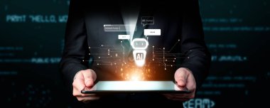 Yapay zeka sanal asistanı Chatbot ile yapay zeka konsepti ile insan etkileşimi, yapay zeka mühendisliği, LLM yapay zeka derin öğrenimi iş desteği için üretken yapay zeka kullanımı. FaaS