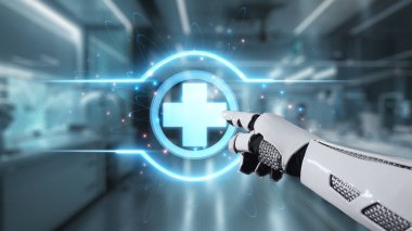 Robotik el işaretini kapat ve bulanık laboratuvar geçmişine sahip çapraz holograma dokun. Tıbbi verilere erişmek ve onları teşhis etmek için robot el tıklaması. Sağlıklı..