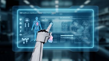 İnsan anatomisine tıklayarak tıbbi verilere ya da teşhislere ulaşın. Semptomu analiz ederken X ışını hologramında robot el kontrolü. Sağlıklı..