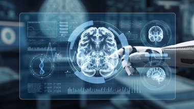 Bulanık laboratuvar arka planına sahip beyin hologramına robotik el gösterimi yap ve tıkla. Tıbbi verilere erişmek ve onları teşhis etmek için robot el beyin ikonuna tıklıyor. Sağlıklı..