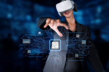 Sanal gerçeklik kulaklığı takan dengeli bir kadın yapay zekayı gösteren, gelecekteki teknolojiyi gösteren canlı bir dijital devre ile temas kurmaya çalışıyor. XDMCP