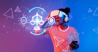 Sanal gerçeklik teknolojisini kullanan bir kişi dijital etiğin özünü ve günümüzde yasal ve siber güvenlik çerçevelerinde gelişen yapay zeka manzarasını yakalar. XDMCP