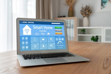 Smart home technology, centric remote control system with digital dashboard for air conditioning, safety security network or house automation. App software, ui panel programming IOT monitor snugly