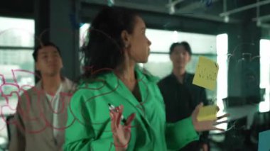 Hispanik çalışanlar, yatırımcılar ayakta durup dinlerken pazarlama fikirleri üretmeye başlarlar. Kadın lider beyin fırtınası iş planı sunuyor. Cam duvardaki yapışkan nota yazılmış bir strateji. Yönlendirici