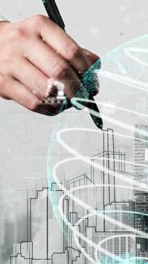 Şehir sivil planlama ve yaratıcı gayrimenkul geliştirme. Yaratıcı şehir binası tasarlamak için soyut şehir çizimine bakan mimar insanlar. Mimarlık hayali ve hırs konsepti.