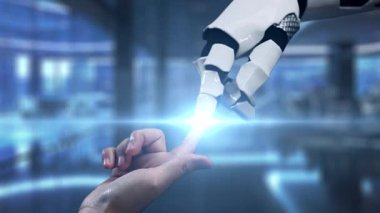 Teknoloji ve insanlığın kesişim noktasını modern ve gelecekçi bir ortamda temsil eden yapay zeka sembolü içeren dijital bir küreye uzanan robotik bir el. Auvana